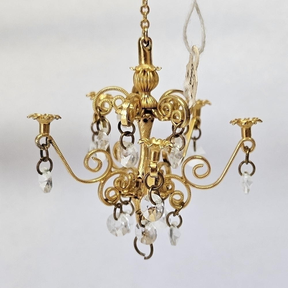 NEW VINTAGE Dollhouse Miniature Brass & Crystal 5 Arm Chandelier 1:12